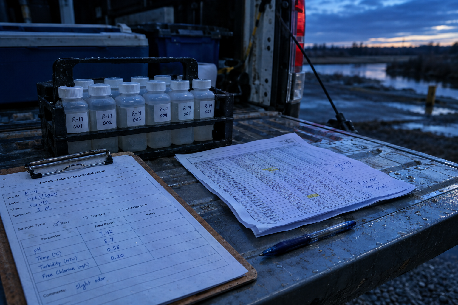 Field technician recording water sampling data in a notebook and on a phone, with paper records and spreadsheets that stay disconnected